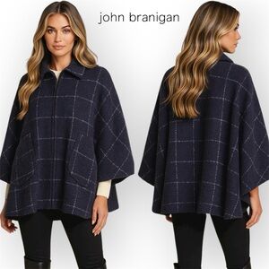 John Branigan Weavers Ireland Poncho Cape Jacket Blue Plaid Wool Tweed Boucle OS